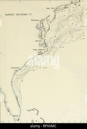 . Airborne Strahlungsthermometer Messungen von Cape Cod, Massachusetts nach Miami, Florida, Juli 1970 - Juni 1976. Die Temperatur der Ozeane - Atlantikküste (U. S.). Oberfläche ISOTHERMEN -°C Bolfimore Chariest. lOOfms 40°N Abbildung 29. 80° W 75" 70" W monatliche Oberfläche isotherme Chart, 18, 20, 27, 29, 30 Oktober 1972 35° 30° - 25° N 33. Bitte beachten Sie, dass diese Bilder sind von der gescannten Seite Bilder, die digital für die Lesbarkeit verbessert haben mögen - Färbung und Aussehen dieser Abbildungen können nicht perfekt dem Original ähneln. extrahiert. Fried, J. W; Reed, J. C. Washington, D.C.: Unite Stockfoto