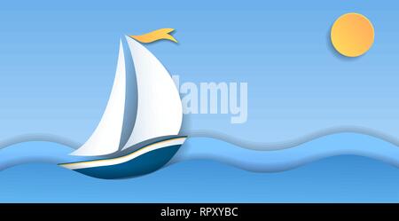 Segelboot auf das Meer Papier Sonne und Wellen. Wasser Sport und Reisen. Stock Vektor