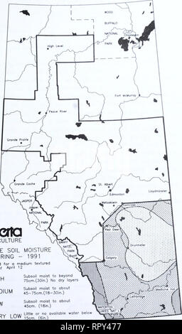 . Agri-news. Landwirtschaft. m niedrig. ydlbcria LANDWIRTSCHAFT STOPPELN BODENFEUCHTIGKEIT für Frühling - 1991 für eine mittlere texturierte Böden ab April 12 HOCH MITTEL SEHR NIEDRIG 15 cm (6 in) Untergrund feucht zu über 75 cm (30 in.) Keine trockenen Ebenen Untergrund feucht zu ca. 45-75 cm geschätzt. (18-30 in.) Untergrund feucht zu ca. 45 cm. (18 in.). Wenig oder keine verfügbare Wasser unten ZUSAMMENGESTELLT VON ERHALTUNG UND ENTWICKLUNG NIEDERLASSUNG AGRI C/J Alberta Landwirtschaft, Information Services Division. Bitte beachten Sie, dass diese Bilder aus gescannten Seite Bilder, die digital für die Lesbarkeit verbessert haben mögen - Färbung und Erscheinen extrahiert werden Stockfoto