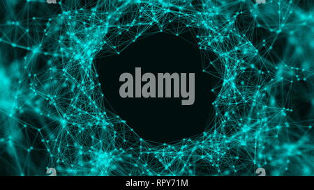 Fflying in Technologie, Raum Tunnel mit vielen Anschluss von Punkten und Linien, Verbindung Struktur Hintergrund, 3D-Rendering Stockfoto