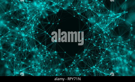 Fflying in Technologie, Raum Tunnel mit vielen Anschluss von Punkten und Linien, Verbindung Struktur Hintergrund, 3D-Rendering Stockfoto