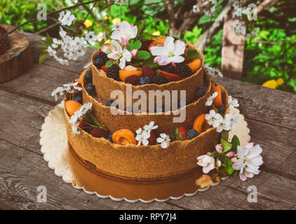 Käsekuchen mit Früchten und Beeren auf dem alten Planken, weiß Apfel- und Kirschbäume Stockfoto