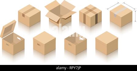 Satz von Miniatur Boxen in offenen und geschlossenen Versionen von hellbrauner Pappe. Bilder auf einem weißen Hintergrund mit einem Spiegel Schatten. Isometrische Stil. Stock Vektor