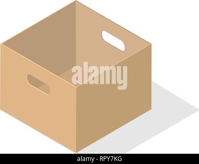 Miniatur leere Box mit offenem Deckel und einen Ausschnitt unter dem Arm. Objekt auf einen weißen Hintergrund mit einem Schatten für Symbole, Ausfüllen von Websites. Stock Vektor