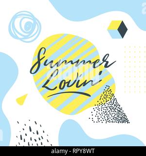 Memphis style Sommer Banner-vorlage mit Text. Vector Illustration. Geometrischen und abstrakten flüssige Formen. Sommer Lovin' Text. Quadratische Komposition. Stock Vektor