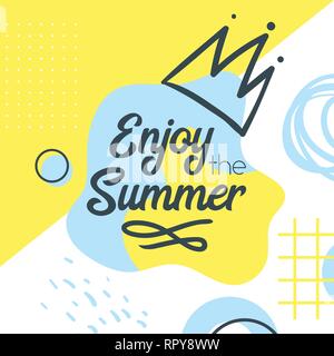 Memphis style Sommer Banner-vorlage mit Text. Vector Illustration. Geometrischen und abstrakten flüssige Formen. Im Sommer text Genießen. Quadratische Komposition. Stock Vektor