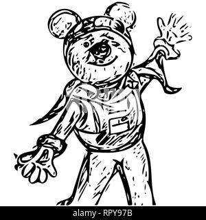 Cartoon alien Figur wie ein Bär mit großen Ohren und in einen Raumanzug angezogen. einer Hand oben, die andere unten. Stock Vektor