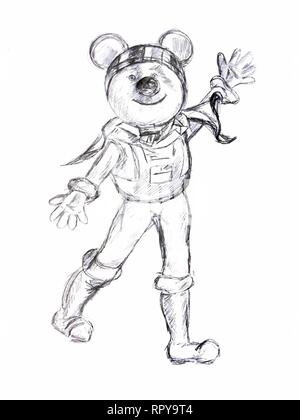 Cartoon alien Figur wie ein Bär mit großen Ohren und in einen Raumanzug angezogen. Das Bild wird mit einem Bleistift gezeichnet. Stock Vektor