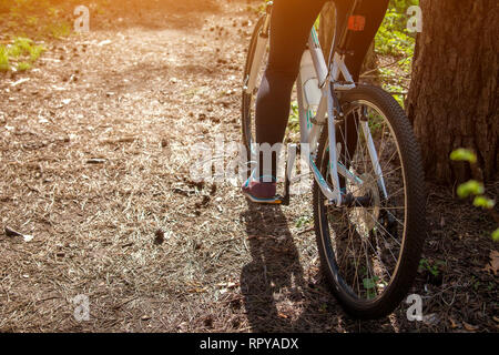 Weibliche Bein auf das Pedal für das Fahrrad im Wald Stockfoto
