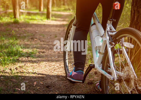 Weibliche Bein auf das Pedal für das Fahrrad im Wald Stockfoto