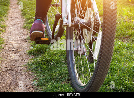 Weibliche Bein auf das Pedal für das Fahrrad im Wald Stockfoto