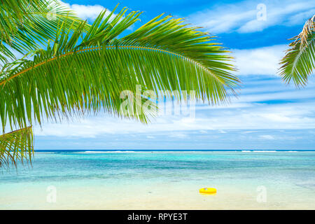 Ein idyllischer Strand mit Palmen in Rarotonga auf den Cook-inseln Stockfoto