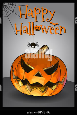 Polygonale jack o lantern in schönstem Comic-Stil lustig Style für Halloween Grußkarten auf grau BG mit schwarzem Rahmen Stockfoto