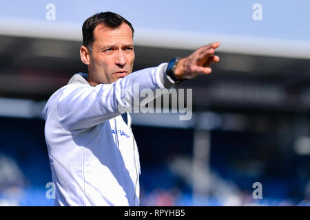 Darmstadt, Deutschland. 23 Feb, 2019. 2. Fussball Bundesliga, SV Darmstadt 98 - Dynamo Dresden 23. Spieltag, in der Merck Stadion am Böllenfalltor. Der Darmstädter interim Coach Kai Peter Schmitz Gesten. Foto: Uwe Anspach/dpa - WICHTIGER HINWEIS: In Übereinstimmung mit den Anforderungen der DFL Deutsche Fußball Liga oder der DFB Deutscher Fußball-Bund ist es untersagt, zu verwenden oder verwendet Fotos im Stadion und/oder das Spiel in Form von Bildern und/oder Videos - wie Foto Sequenzen getroffen haben./dpa/Alamy leben Nachrichten Stockfoto