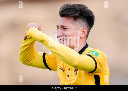 Darmstadt, Deutschland. 23 Feb, 2019. 2. Fussball Bundesliga, SV Darmstadt 98 - Dynamo Dresden 23. Spieltag, in der Merck Stadion am Böllenfalltor. Die Dresdner Baris Atik reagiert. Foto: Uwe Anspach/dpa - WICHTIGER HINWEIS: In Übereinstimmung mit den Anforderungen der DFL Deutsche Fußball Liga oder der DFB Deutscher Fußball-Bund ist es untersagt, zu verwenden oder verwendet Fotos im Stadion und/oder das Spiel in Form von Bildern und/oder Videos - wie Foto Sequenzen getroffen haben./dpa/Alamy leben Nachrichten Stockfoto