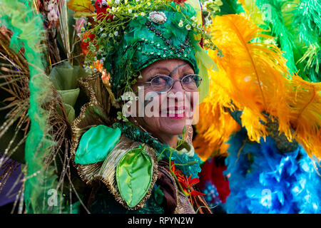 Bremen, Deutschland. 23. Februar 2019. Mitglieder aus dem Bremer Samba Gruppe Alegria. Die bremer Samba Karneval findet in strahlendem Sonnenschein mit Teilnehmern tragen bunte Kostüme. Foto: Lebendige Bilder/Alamy leben Nachrichten Stockfoto