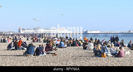 Brighton, Sussex, UK. 23. Februar 2019. Menschenmassen strömen in Brighton Beach, wie Sie die schönen, sonnigen und ungewöhnlich warmen Wetter für die Zeit des Jahres genießen Sie Prognose in den nächsten Tagen in ganz Großbritannien: Simon Dack/Alamy Live News, um fortzufahren Stockfoto