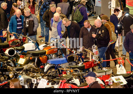 Shepton Mallet, Somerset, Großbritannien. 23. Februar 2019 Motorradfans versammeln sich am ersten Tag der Carol Nash Classic Motorcycle Show 39. Handelsstände und Individuen zeigten ihre zweirädrigen Schätze. Der Satz "Ich hatte so einen" wurde oft gehört, da die freundliche und einladende Atmosphäre die Nostalgie aufheizte. ©Alamy Live News / Mr Standfast Credit: Mr Standfast/Alamy Live News Stockfoto