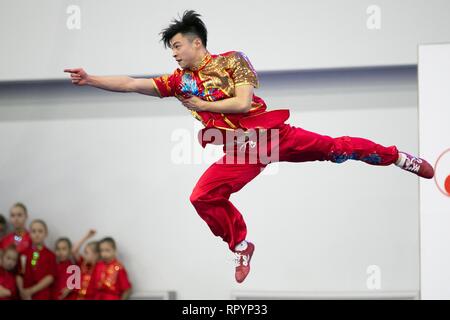 Moskau, Russland. 23 Feb, 2019. Ein Wettbewerber, der während der Eröffnungsfeier für die Moskauer Wushu Sterne 2019 Wettbewerb in Moskau, Russland, Jan. 23, 2019. Credit: Bai Xueqi/Xinhua/Alamy leben Nachrichten Stockfoto