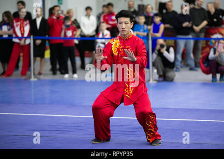 Moskau, Russland. 23 Feb, 2019. Ein Wettbewerber, der während der Eröffnungsfeier für die Moskauer Wushu Sterne 2019 Wettbewerb in Moskau, Russland, Jan. 23, 2019. Credit: Bai Xueqi/Xinhua/Alamy leben Nachrichten Stockfoto