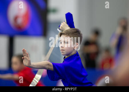 Moskau, Russland. 23 Feb, 2019. Ein Wettbewerber, der während der Eröffnungsfeier für die Moskauer Wushu Sterne 2019 Wettbewerb in Moskau, Russland, Jan. 23, 2019. Credit: Bai Xueqi/Xinhua/Alamy leben Nachrichten Stockfoto