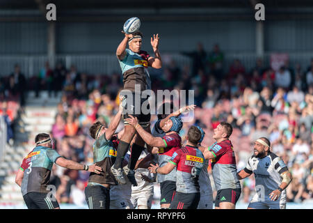 Twickenham, London, UK. 23 Feb, 2019. Ben Glynn der Harlekine in Aktion während Gallagher Premiership Übereinstimmung zwischen Harlekine und Bristol trägt bei Twickenham Stoop am Samstag, den 23. Februar 2019. LONDON ENGLAND. (Nur redaktionelle Nutzung, eine Lizenz für die gewerbliche Nutzung erforderlich. Keine Verwendung in Wetten, Spiele oder einer einzelnen Verein/Liga/player Publikationen.) Credit: Taka G Wu/Alamy News Credit: Taka Wu/Alamy leben Nachrichten Stockfoto