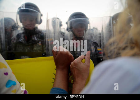 Cucuta, Kolumbien. 22 Feb, 2019. Demonstranten mit venezolanischen Fahnen stehen vor einer Reihe von venezolanische Sicherheitskräfte im Simon Bolivar Brücke an der Grenze zwischen Kolumbien und Venezuela. Kolumbiens Staatschef Duque hat für die freie Einfuhr von Hilfsgütern nach Venezuela genannt. Die Blockade der Beihilfen, die von der venezolanischen Opposition organisiert ist ein 'Attentat' auf Menschenrechte, sagte er. Credit: Rafael Hernandez/dpa/Alamy leben Nachrichten Stockfoto