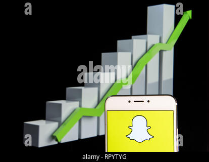 Februar 11, 2019 - Hong Kong - Multimedia Messaging App SnapChat Logo ist auf ein Android mobile Gerät mit einem Aufstieg Wachstumsdiagramm im Hintergrund zu sehen. (Bild: © Miguel Candela/SOPA Bilder über ZUMA Draht) Stockfoto