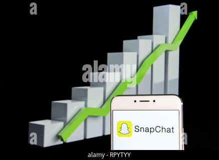 Februar 11, 2019 - Hong Kong - Multimedia Messaging App SnapChat Logo ist auf ein Android mobile Gerät mit einem Aufstieg Wachstumsdiagramm im Hintergrund zu sehen. (Bild: © Miguel Candela/SOPA Bilder über ZUMA Draht) Stockfoto