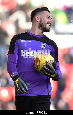 STOKE-on-Trent, Großbritannien 23. FEBRUAR Jack Butland (1) von Stoke City während der Sky Bet Championship Match zwischen Stoke City und Aston Villa im Britannia Stadium, Stoke-on-Trent am Samstag, 23. Februar 2019. (Credit: Jon Hobley | MI Nachrichten) Credit: MI Nachrichten & Sport/Alamy leben Nachrichten Stockfoto