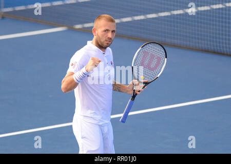 Delray Beach, Florida, USA. 23 Feb, 2019. Februar, 23 - Delray Beach: Daniel Evans (GBR) Niederlagen John Isner (USA) 36 62 63 in 2019 öffnen, indem Vitacost.com Delray Beach in Delray Beach, FL. Credit: Andrew Patron/ZUMA Draht/Alamy leben Nachrichten Stockfoto