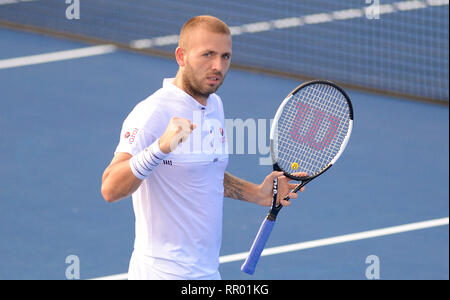 Delray Beach, Florida, USA. 23 Feb, 2019. Februar, 23 - Delray Beach: Daniel Evans (GBR) Niederlagen John Isner (USA) 36 62 63 in 2019 öffnen, indem Vitacost.com Delray Beach in Delray Beach, FL. Credit: Andrew Patron/ZUMA Draht/Alamy leben Nachrichten Stockfoto