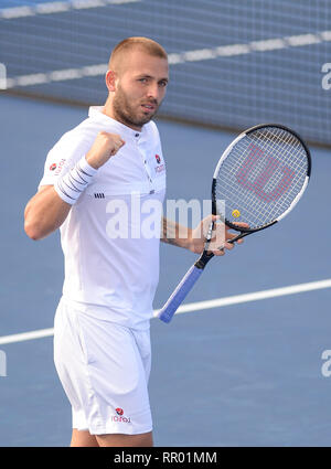 Delray Beach, Florida, USA. 23 Feb, 2019. Februar, 23 - Delray Beach: Daniel Evans (GBR) Niederlagen John Isner (USA) 36 62 63 in 2019 öffnen, indem Vitacost.com Delray Beach in Delray Beach, FL. Credit: Andrew Patron/ZUMA Draht/Alamy leben Nachrichten Stockfoto