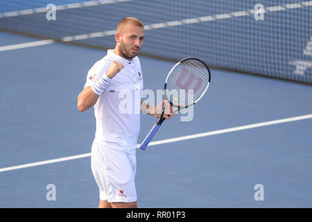 Delray Beach, Florida, USA. 23 Feb, 2019. Februar, 23 - Delray Beach: Daniel Evans (GBR) Niederlagen John Isner (USA) 36 62 63 in 2019 öffnen, indem Vitacost.com Delray Beach in Delray Beach, FL. Credit: Andrew Patron/ZUMA Draht/Alamy leben Nachrichten Stockfoto