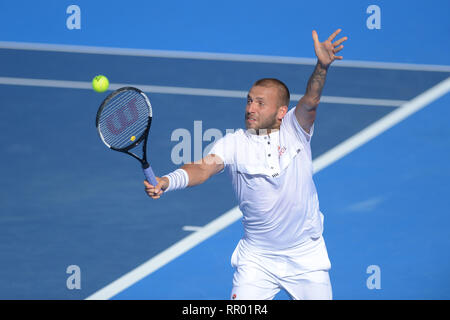 Delray Beach, Florida, USA. 23 Feb, 2019. Februar, 23 - Delray Beach: Daniel Evans (GBR) und John Isner (USA) split Sets 2019 öffnen, indem Vitacost.com Delray Beach in Delray Beach, FL. Credit: Andrew Patron/ZUMA Draht/Alamy leben Nachrichten Stockfoto