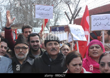 Srinagar, Indien. 23 Feb, 2019. Zahlreiche Menschen, darunter Pro-v Protest gegen die Schutzklausel des Artikels 35 - eine der indischen Verfassung. Wenige nicht-lokalen Derzeit leben in Kaschmir Stimme gegen ihn erhoben. Es war die Nachfrage zu schützen und diese schützen. "Wir wollen Frieden und Brüderlichkeit allen über basteln Artikel 35 - ein kann die Situation hier Schaden und niemand will, dass "ein Demonstrant sagte. Credit: Musaib Iqbal Bhat/Pacific Press/Alamy leben Nachrichten Stockfoto