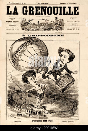 Eine lʹhippodrome-l'Equilibre dans l'air - Französische Karikatur zeigt die Ballonfahrer Camille Dartois in einem Ballon 1877 Stockfoto