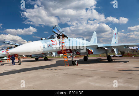 Russische multipurpose sehr wendig Alle-Wetter Kampfflugzeug der vierten Generation SU-27 SM3 auf der Messe von MAKS 2011, Schukowski, Russland Stockfoto