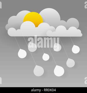 Abbildung: bewoelkt und Regen auf dunklem Hintergrund. Starke Regenfälle, die Regenzeit, Papier geschnitten und Handwerk Stil. Vektor, Illustration. Stock Vektor