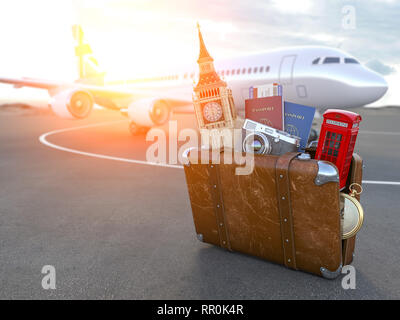 Flug nach London, Großbritannien. Vintage Koffer mit Symbolen der UK London, Big Ben und Rot stand. Reise und Tourismus Konzept. 3D-Darstellung Stockfoto