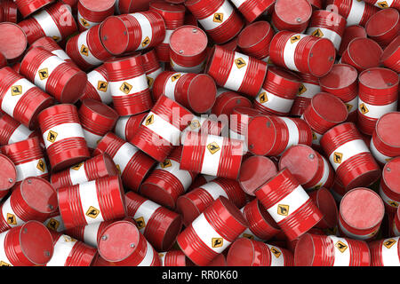 Red Oil barrels. Öl- und Gasindustrie, der Lagerung, der Herstellung. Die chemische Verschmutzung und Erdölindustrie Abfallkonzept. 3D-Darstellung Stockfoto