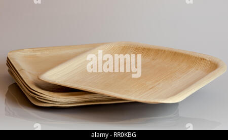 Biologisch abbaubar Umweltfreundlich, Geschirr, Teller und Löffel von Palm Leaf gemacht und Holz Stockfoto