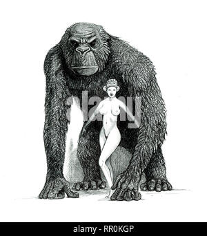 Big ape mit Mädchen Abbildung. Gorilla Ape Zeichnung. Stockfoto