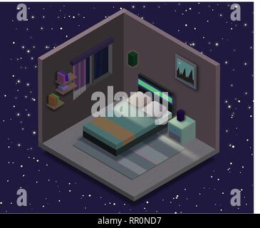 Isometrische Schlafzimmer Abbildung. Vektor flachbild Abbildung. Stock Vektor