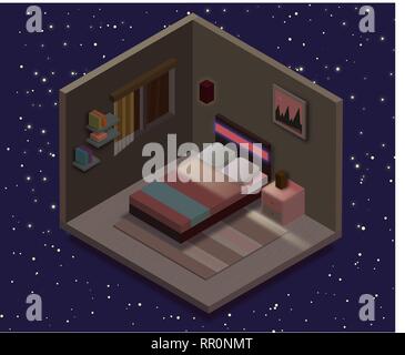 Isometrische Schlafzimmer Abbildung. Vektor flachbild Abbildung. Stock Vektor