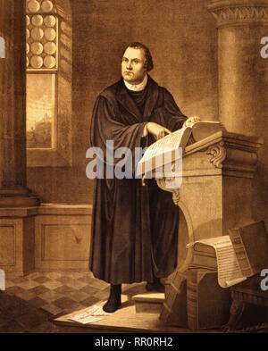 Dr. Martin Luther, full-length Portrait, stehend, mit leicht nach links, Lesen in der Kirche. ca 1882 Stockfoto