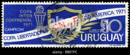 Briefmarke aus Uruguay im Intercontinental Soccer Cup Gewinner '71 Serie Stockfoto