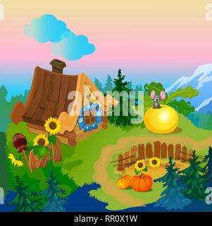 Cute Plakat mit einem Bild von einem Land, Haus und reife Kürbisse. Vektor cartoon Close-up Abbildung. Stock Vektor