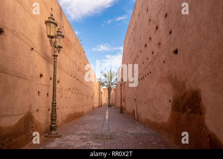 El Badi Palast ist ein palastruine in Marrakesch, Marokko. Es ist von der Arabischen Saadian Sultan Ahmad al-Mansur in Auftrag gegeben. Palais El Badii Stockfoto