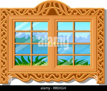 Die Holz- Fenster mit Blick auf den Wald im Sommer auf weißem Hintergrund. Vektor cartoon Close-up Abbildung. Stock Vektor